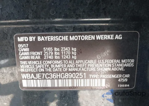 2017 BMW 540I xDrive from USA, damaged, VIN WBAJE7C36HG890251